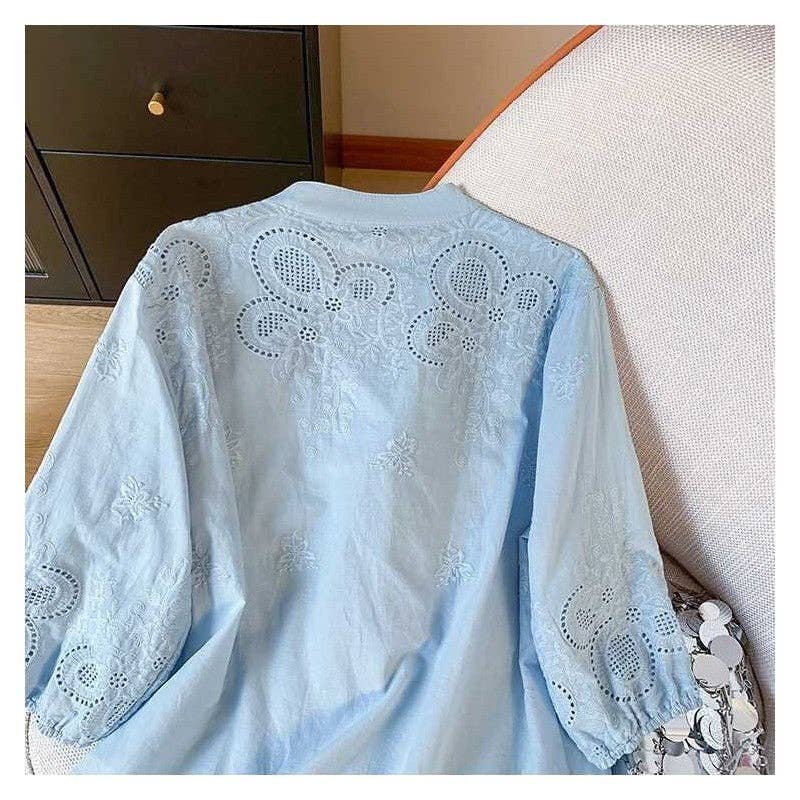 Lace Jacquard Short Sleeve Shirt: BABY BLUE / 2XL