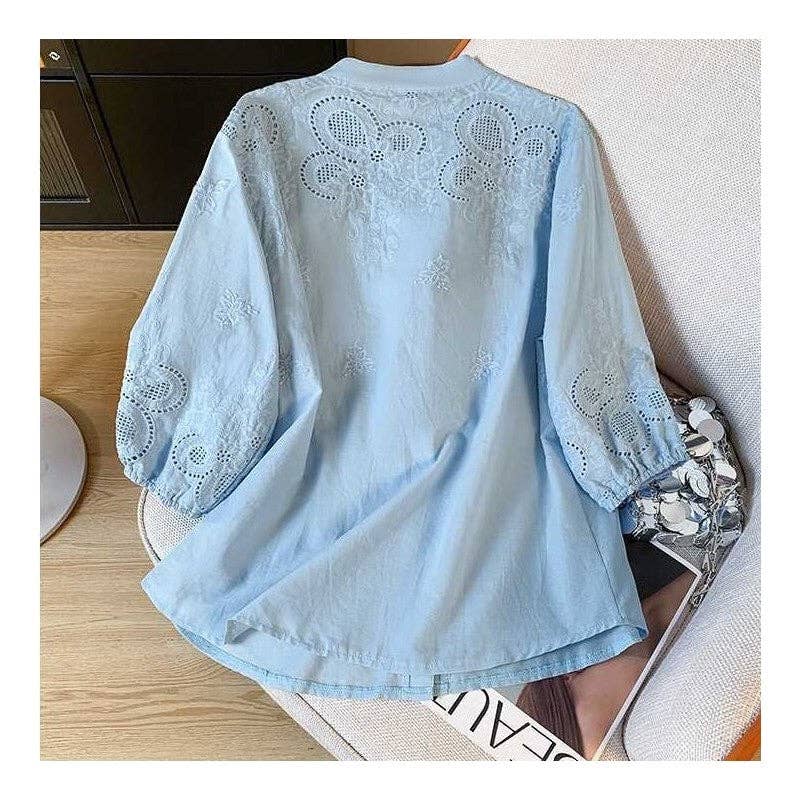 Lace Jacquard Short Sleeve Shirt: BABY BLUE / 2XL
