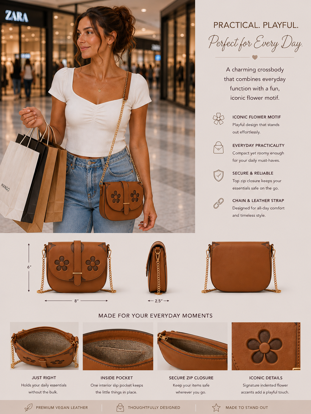 Brown Crossbody with Black Flowers