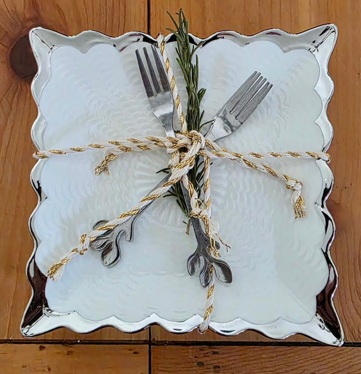 Silver Trim Square Appetizer w/Forks Set of 4