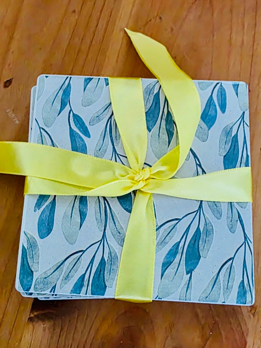 Square Coasters 4pk Set (Floral & Leaves Print Design)