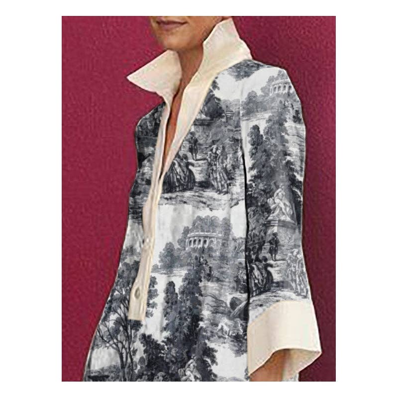 Long Sleeves Loose Printed Lapel Mini Dresses: BLACK WHITE / XL
