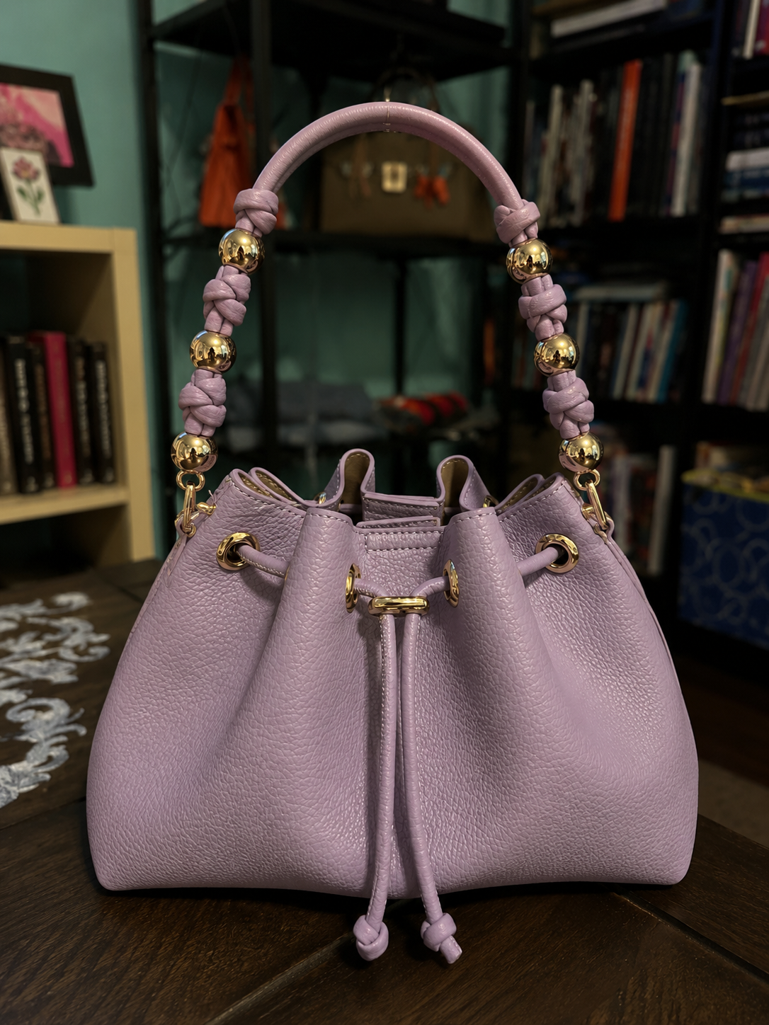 Knotted Charm Bucket Bag Set - Lavender