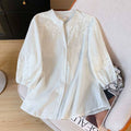 Lace Jacquard Short Sleeve Shirt: WHITE / L