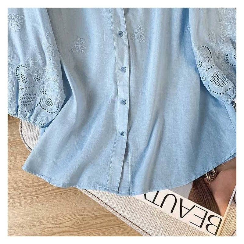 Lace Jacquard Short Sleeve Shirt: WHITE / L