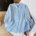 Lace Jacquard Short Sleeve Shirt: BABY BLUE / 2XL