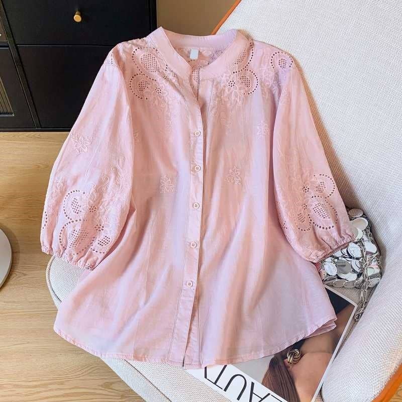 Lace Jacquard Short Sleeve Shirt: BABY BLUE / 2XL