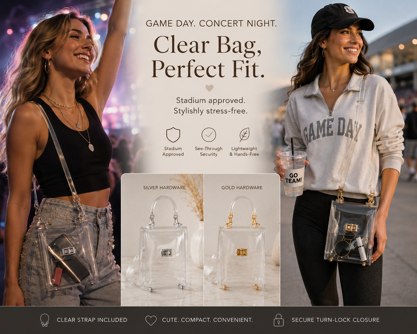 Clear Tall Crossbody Bag - Silver or Gold (Hardware)