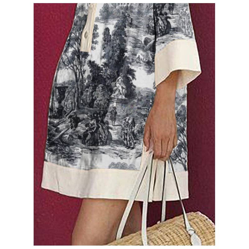 Long Sleeves Loose Printed Lapel Mini Dresses: BLACK WHITE / XL