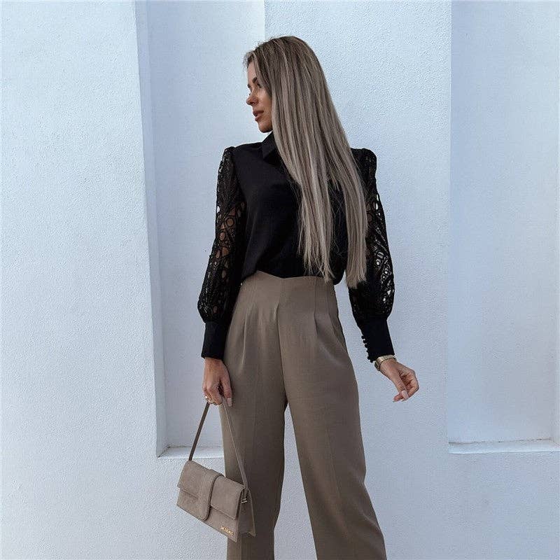 Solid Color Lace Long Sleeve Shirt: BLACK / XL