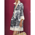 Long Sleeves Loose Printed Lapel Mini Dresses: BLACK WHITE / XL