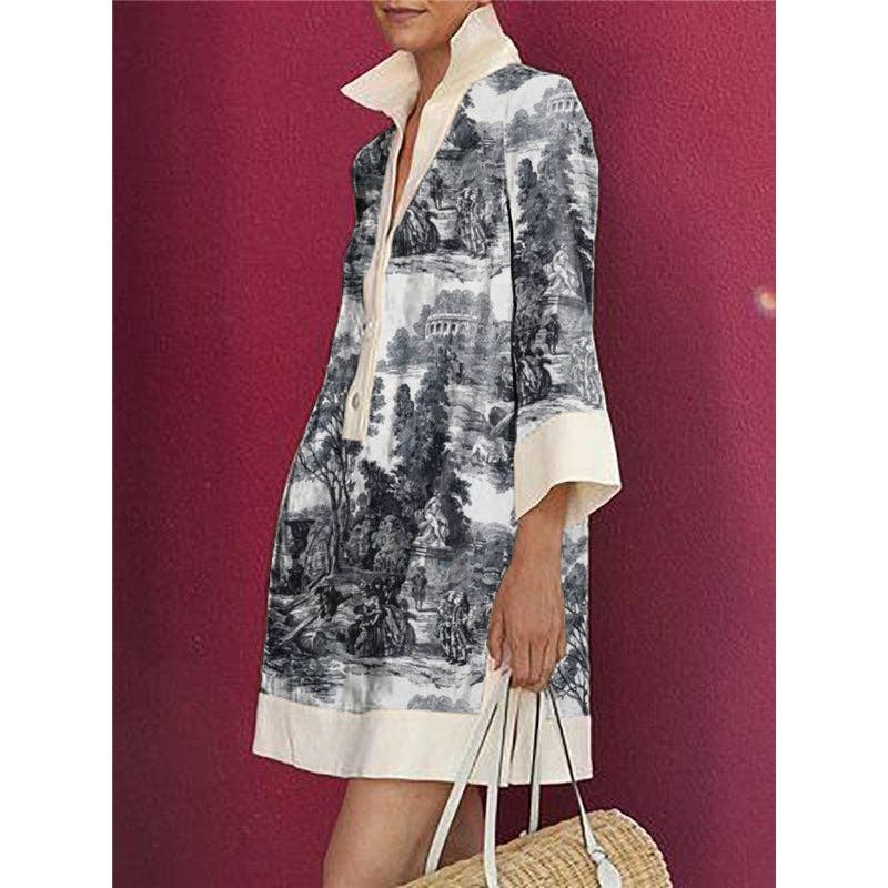 Long Sleeves Loose Printed Lapel Mini Dresses: BLACK WHITE / XL