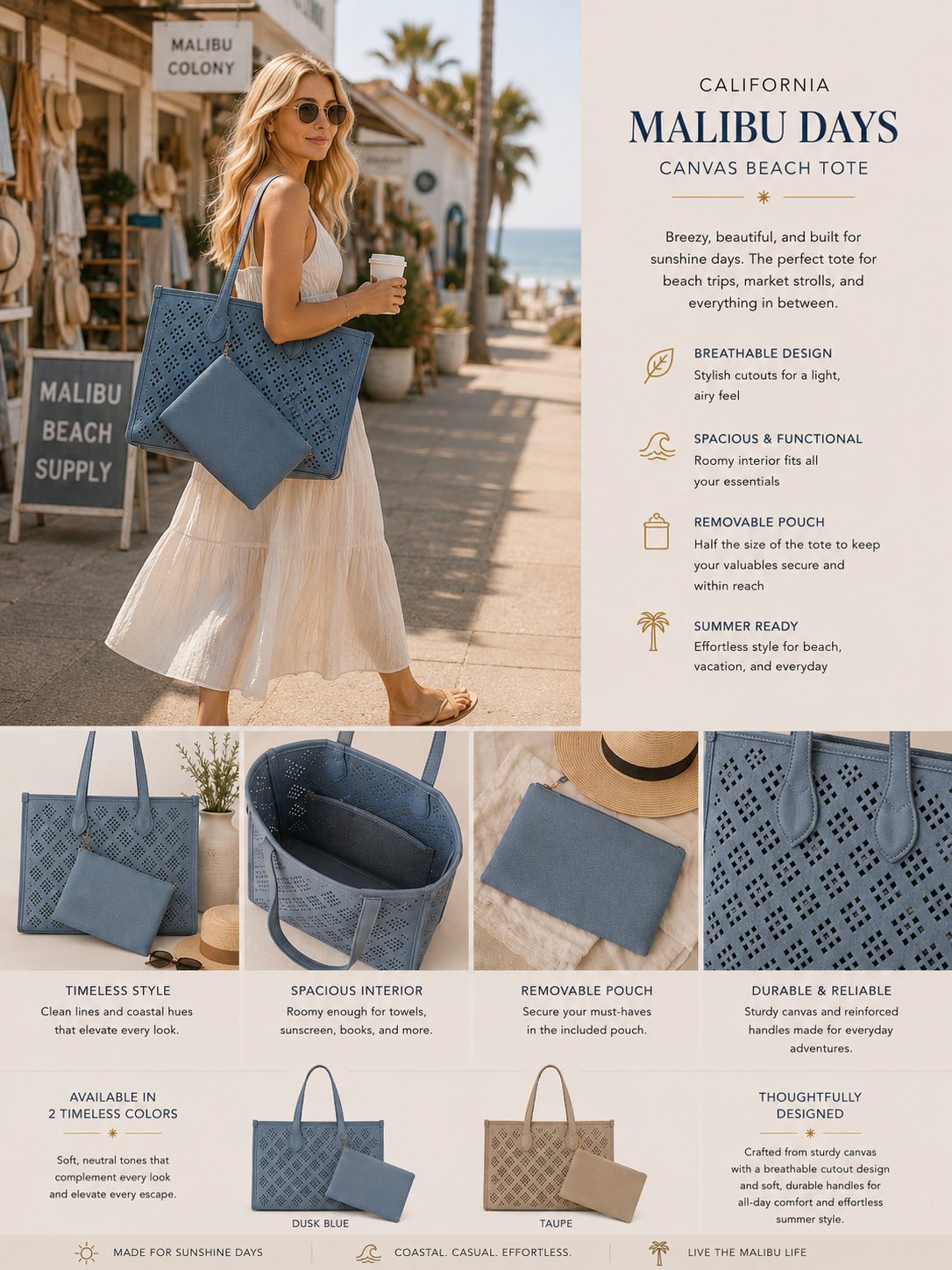 Large Cutout Design Tote - Blue or Taupe
