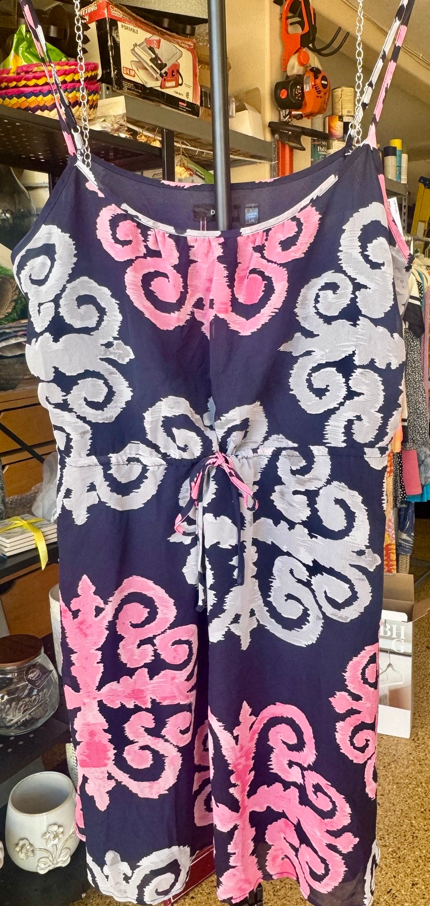 Navy, Pink & White Damask Print Dress - Large