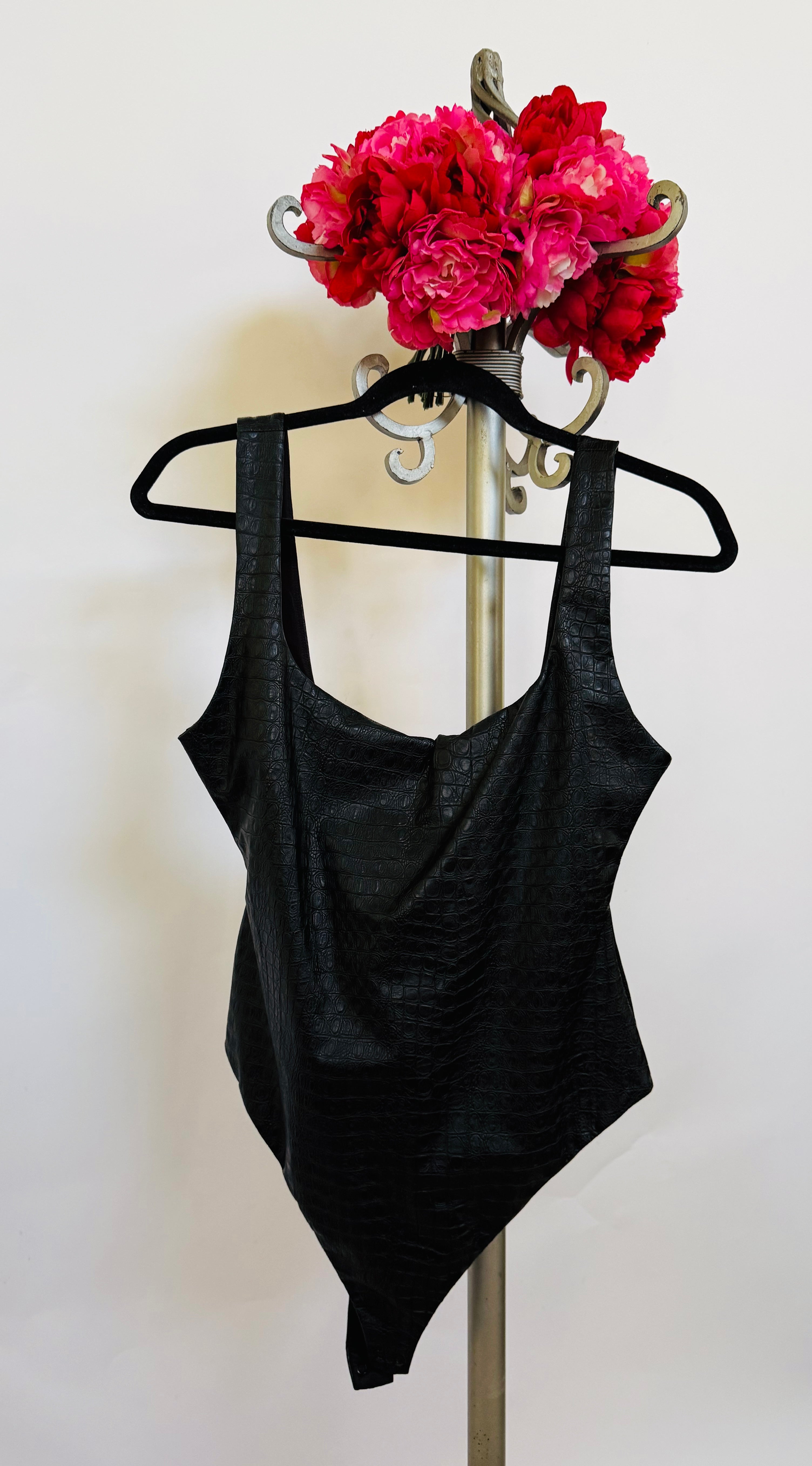 The Crocodile Collection Croc Embossed Faux Leather Tank Bodysuit - Black - Naked Wardrobe