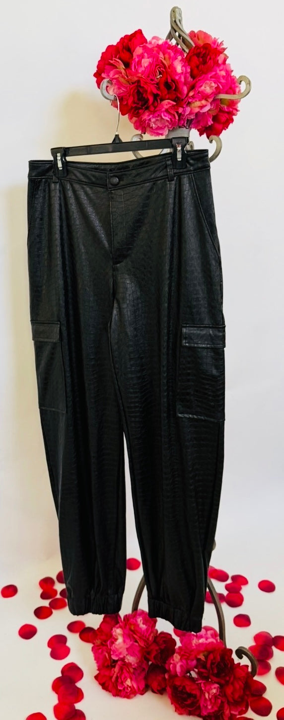 The Crocodile Collection Croc Embossed Faux Leather Joggers - Black - Naked Wardrobe