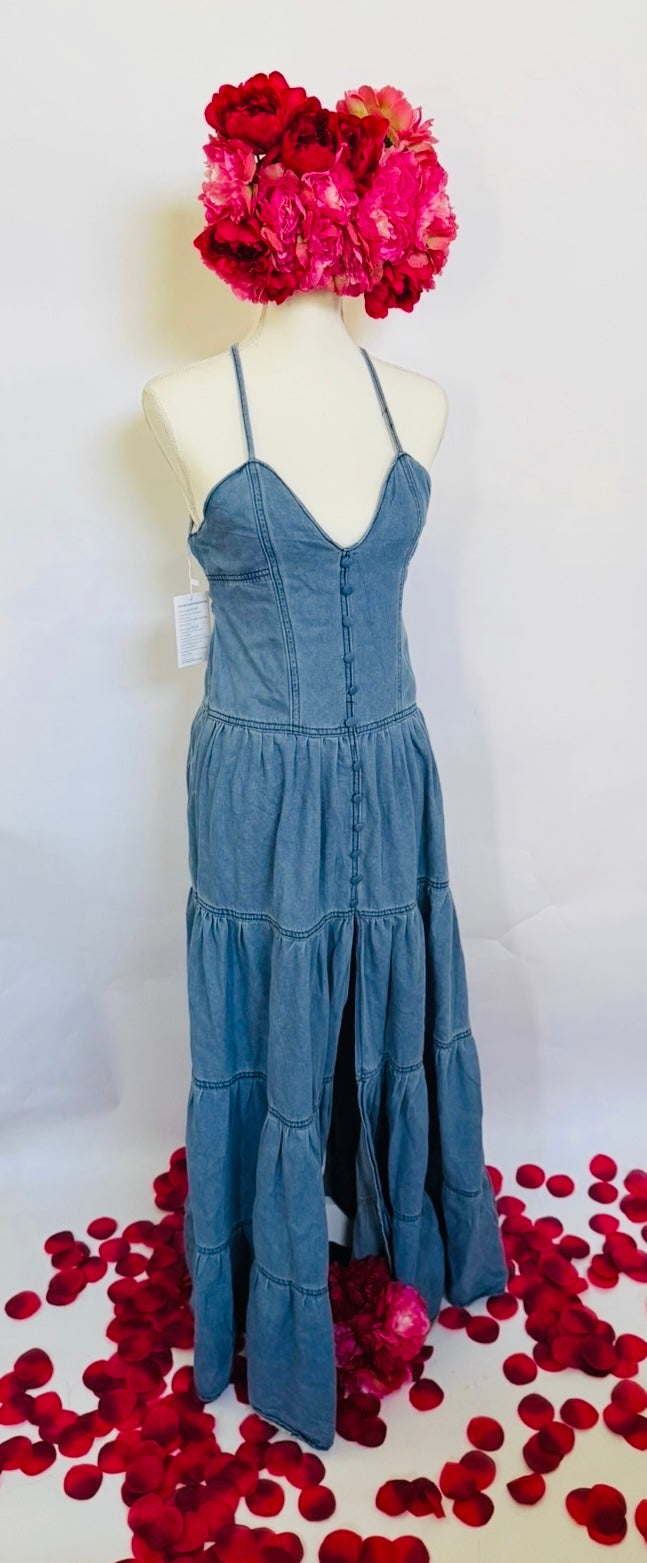 Denim V-Neck Maxi Dress - Loragal