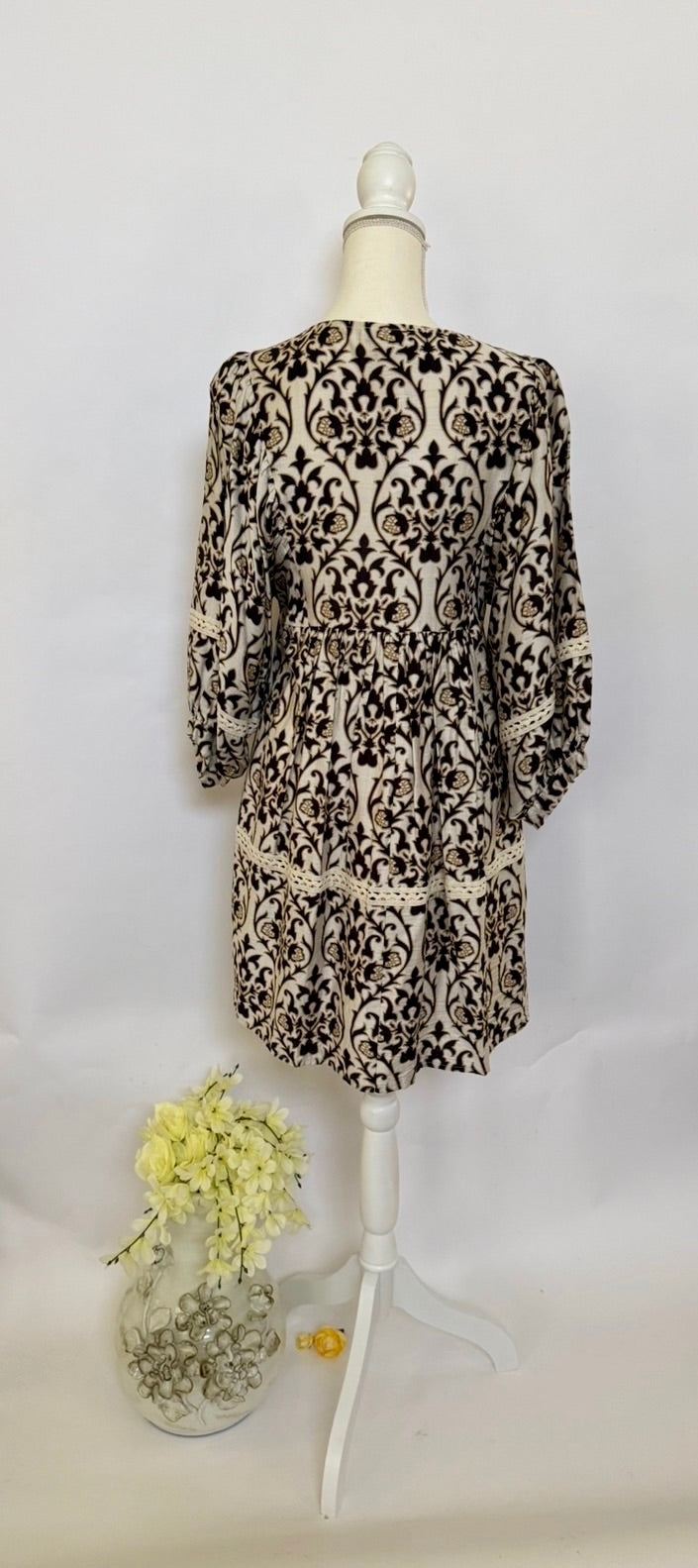 Short Dress - Print with White, Taupe and Black Design - Small