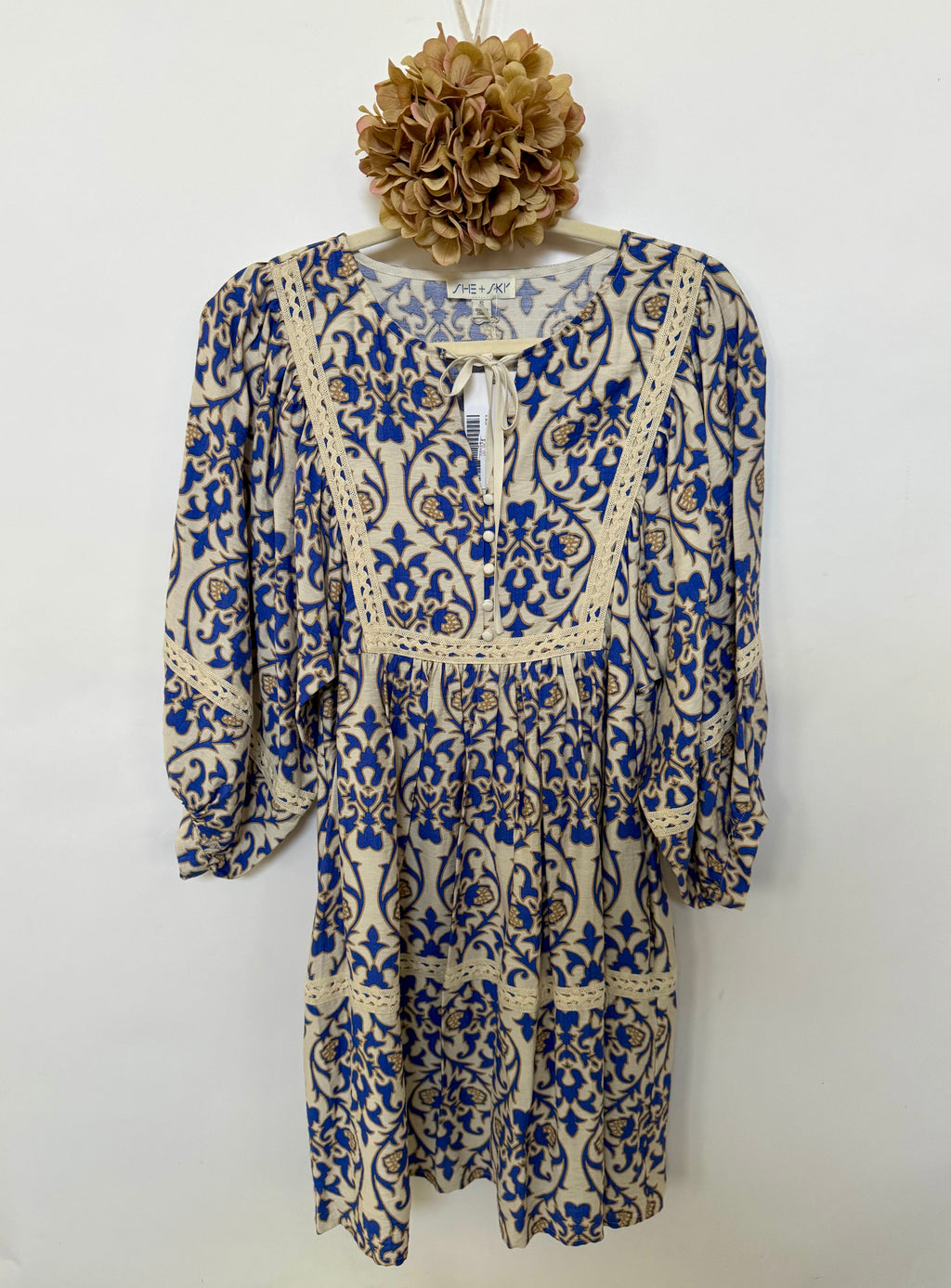 Short Dress - Print with White, Taupe and Blue Design - Small