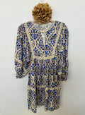 Short Dress - Print with White, Taupe and Blue Design - Small