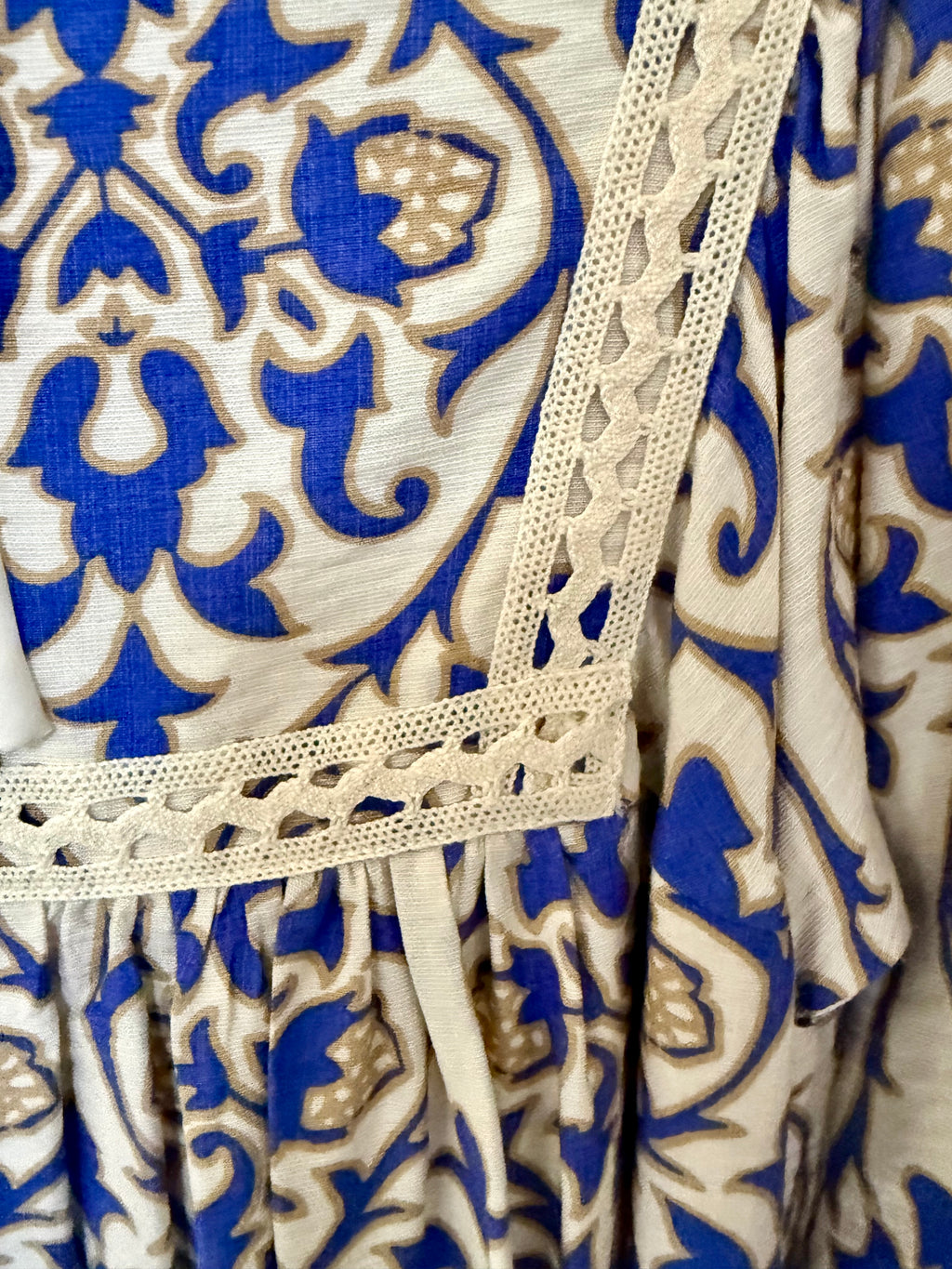 Short Dress - Print with White, Taupe and Blue Design - Small