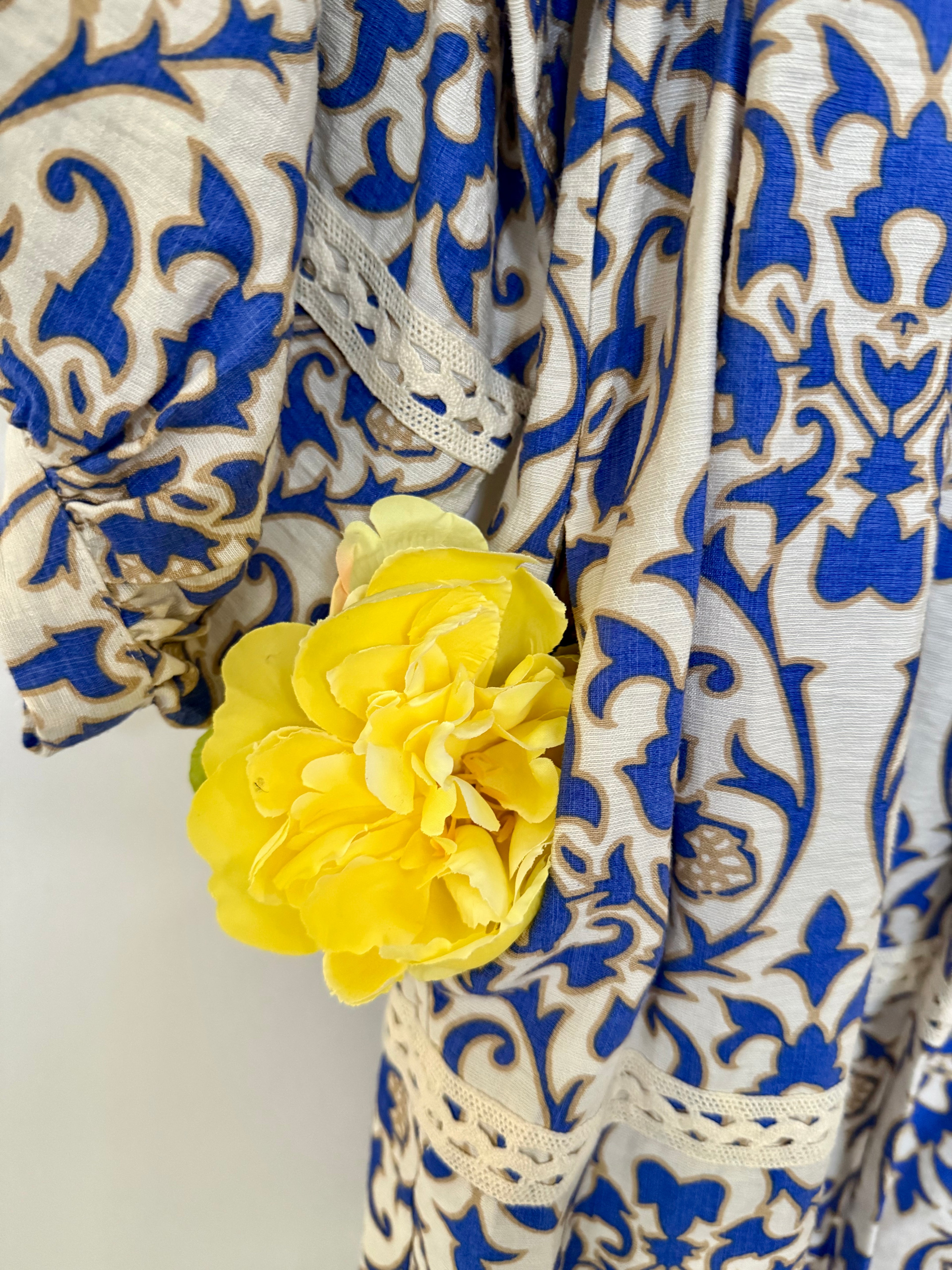 Short Dress - Print with White, Taupe and Blue Design - Small