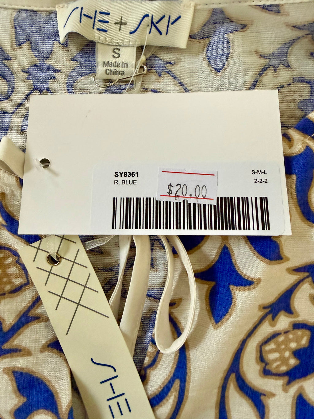 Short Dress - Print with White, Taupe and Blue Design - Small
