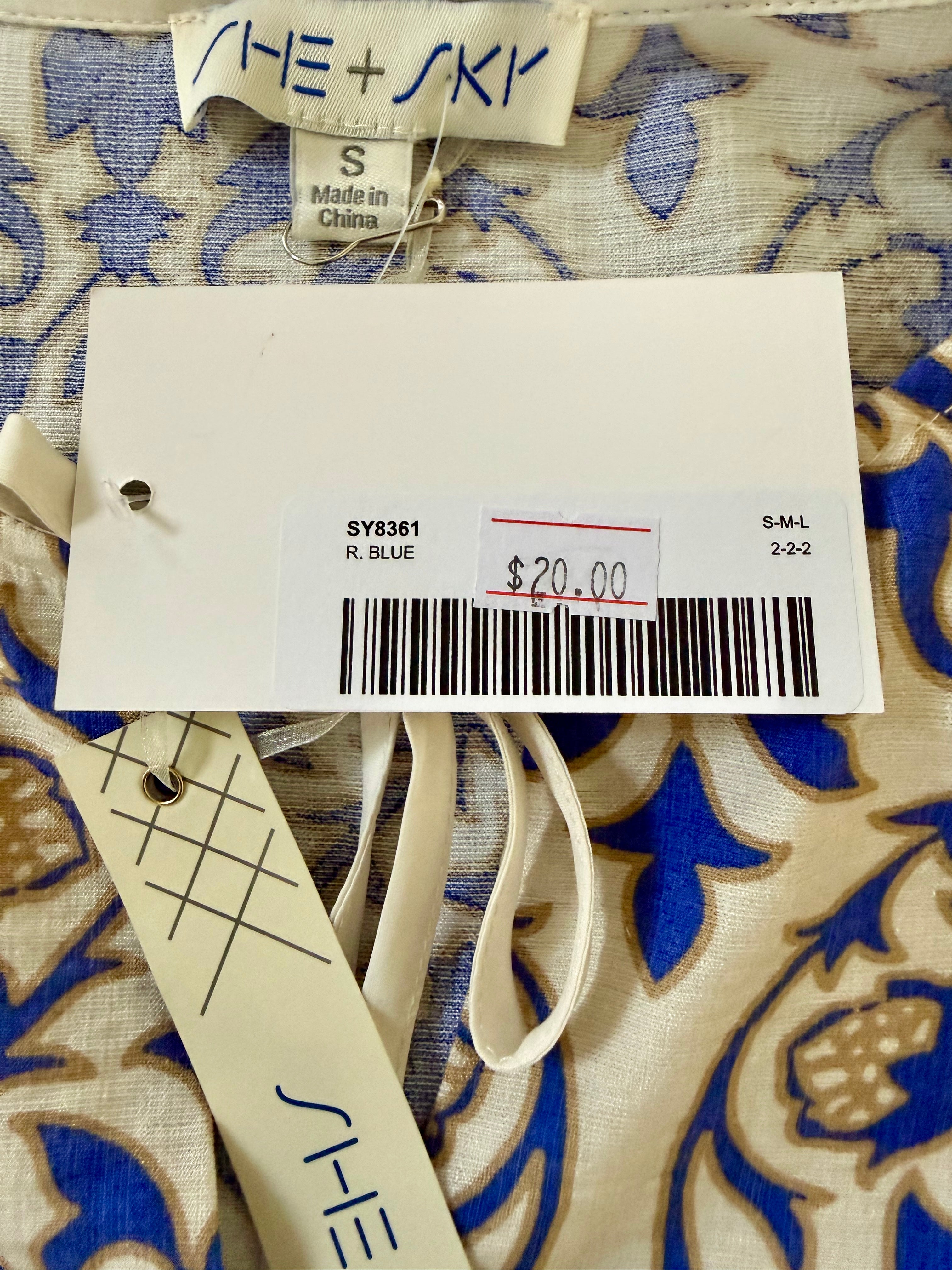 Short Dress - Print with White, Taupe and Blue Design - Small
