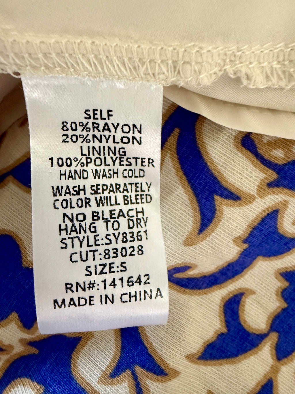 Short Dress - Print with White, Taupe and Blue Design - Small