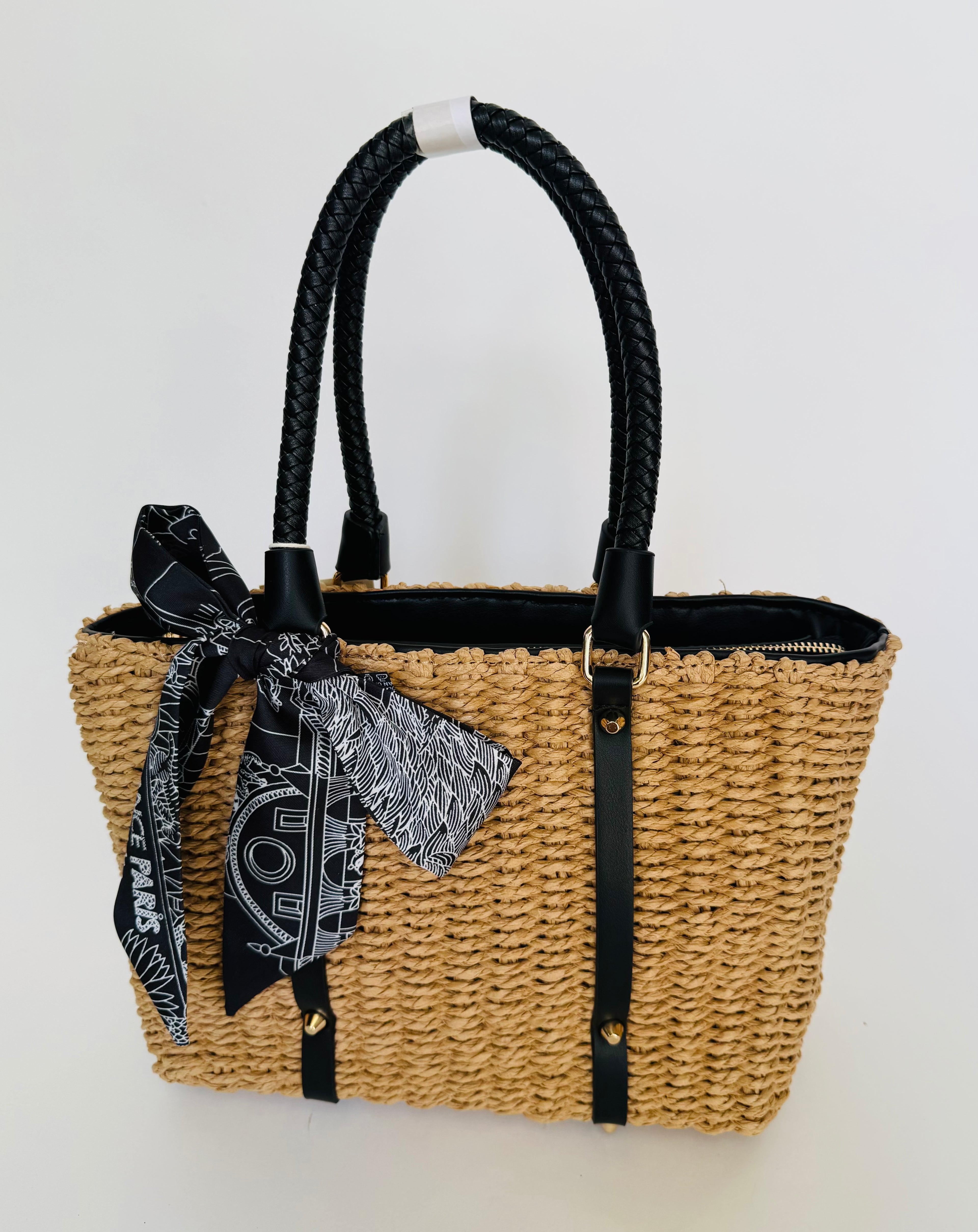 Maison Wicker Medium Handbag with Tan or Black Trim Detail