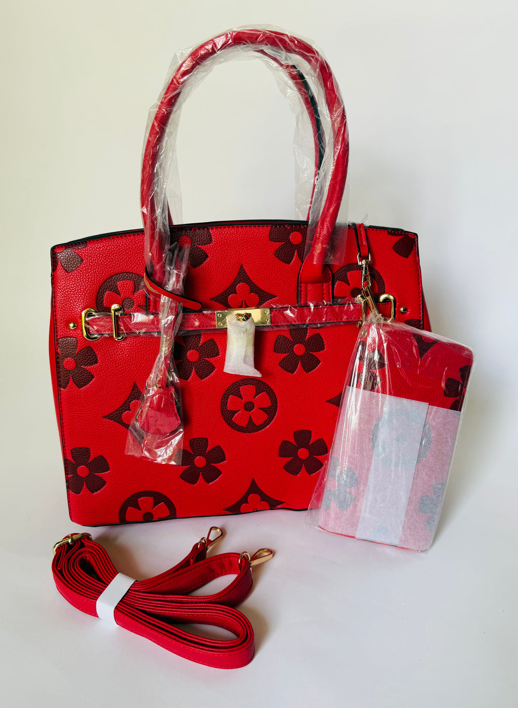 Vegan Leather Mod Bloom Large Tote & Wallet Set (Black/Fuchsia)