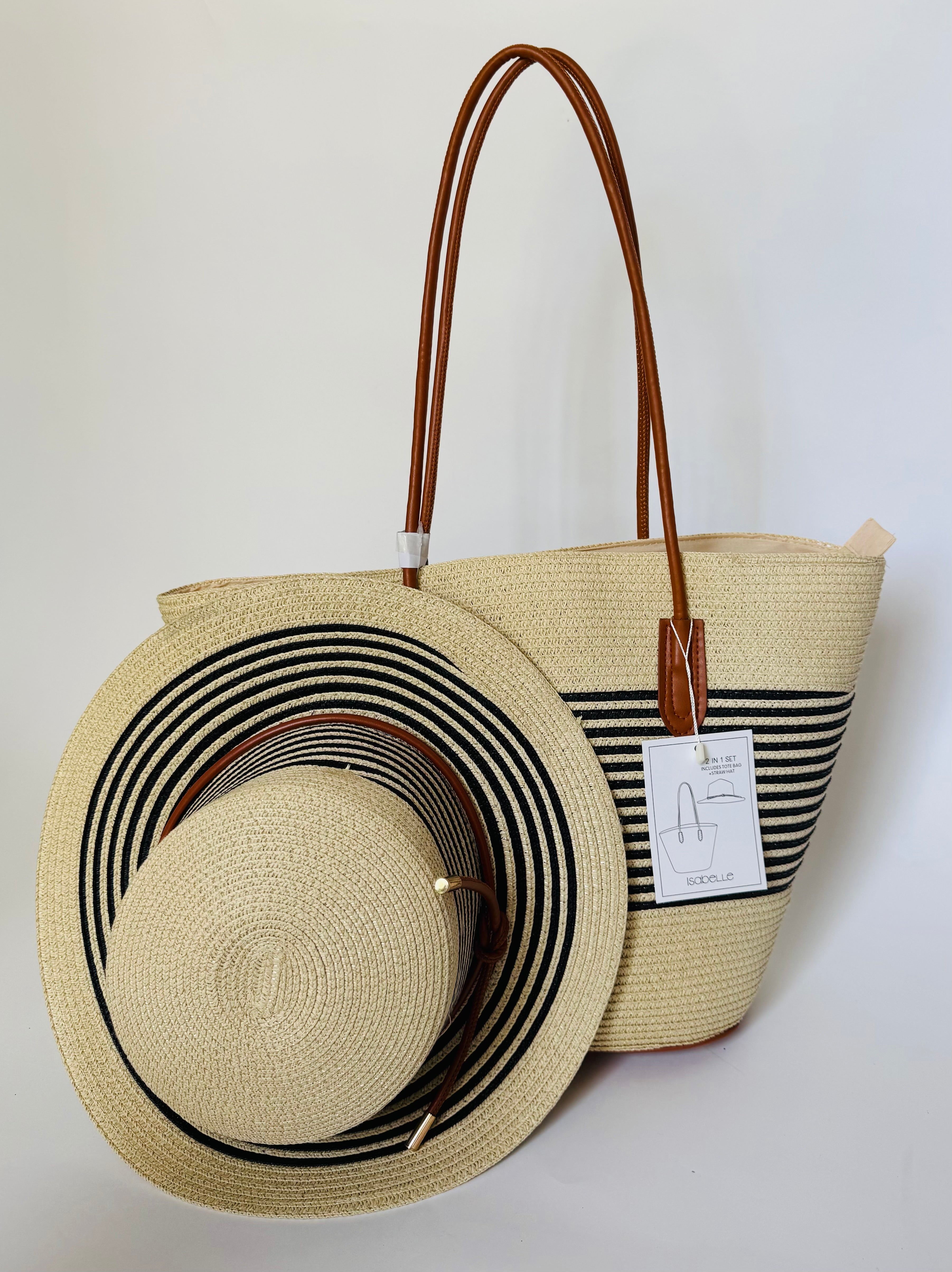 Riviera Stripe Straw Tote & Hat Set
