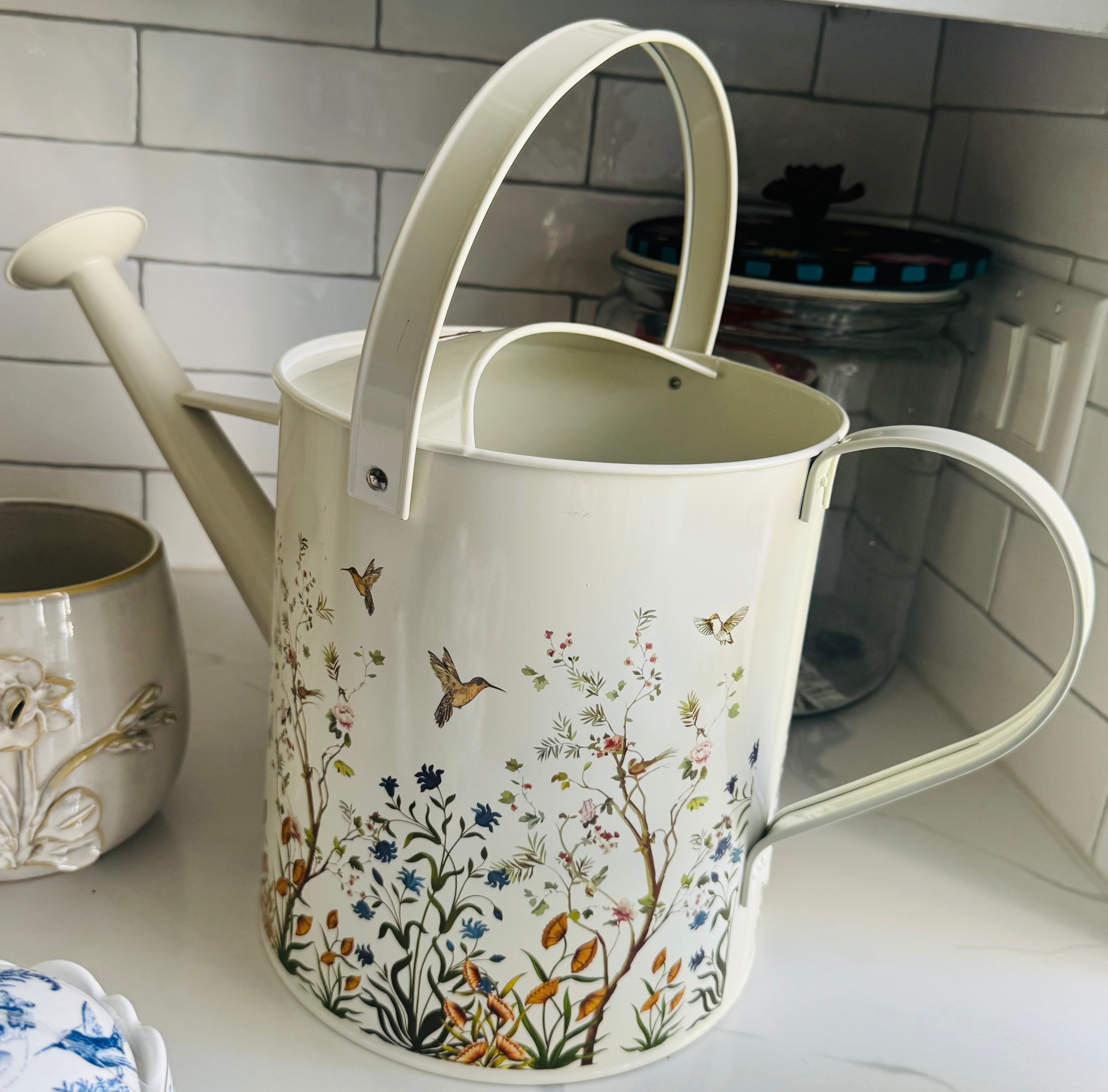 Large Floral & Hummingbird Watering Can – Beige