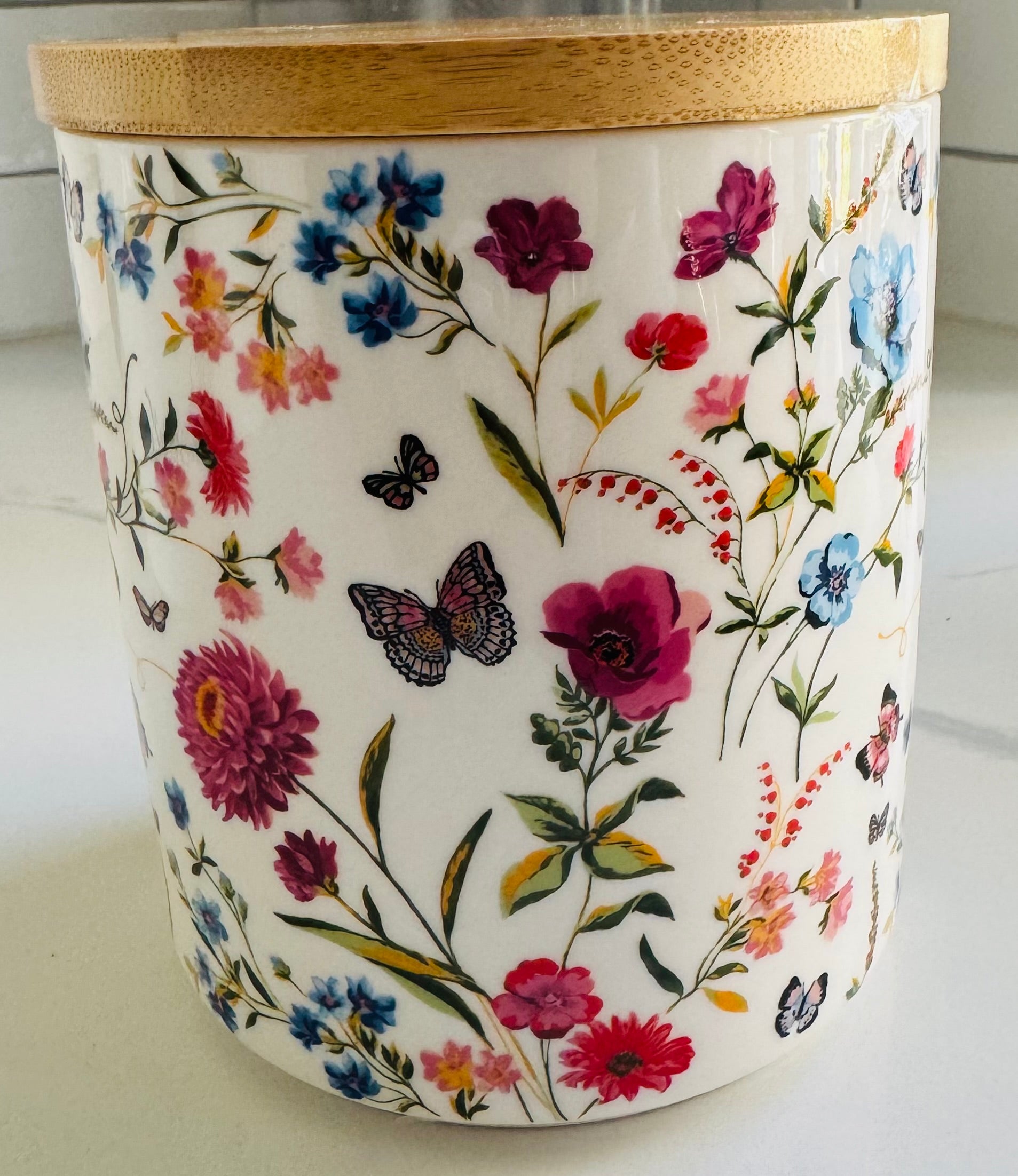 Small Colorful Floral & Butterfly Ceramic Canister w/lid
