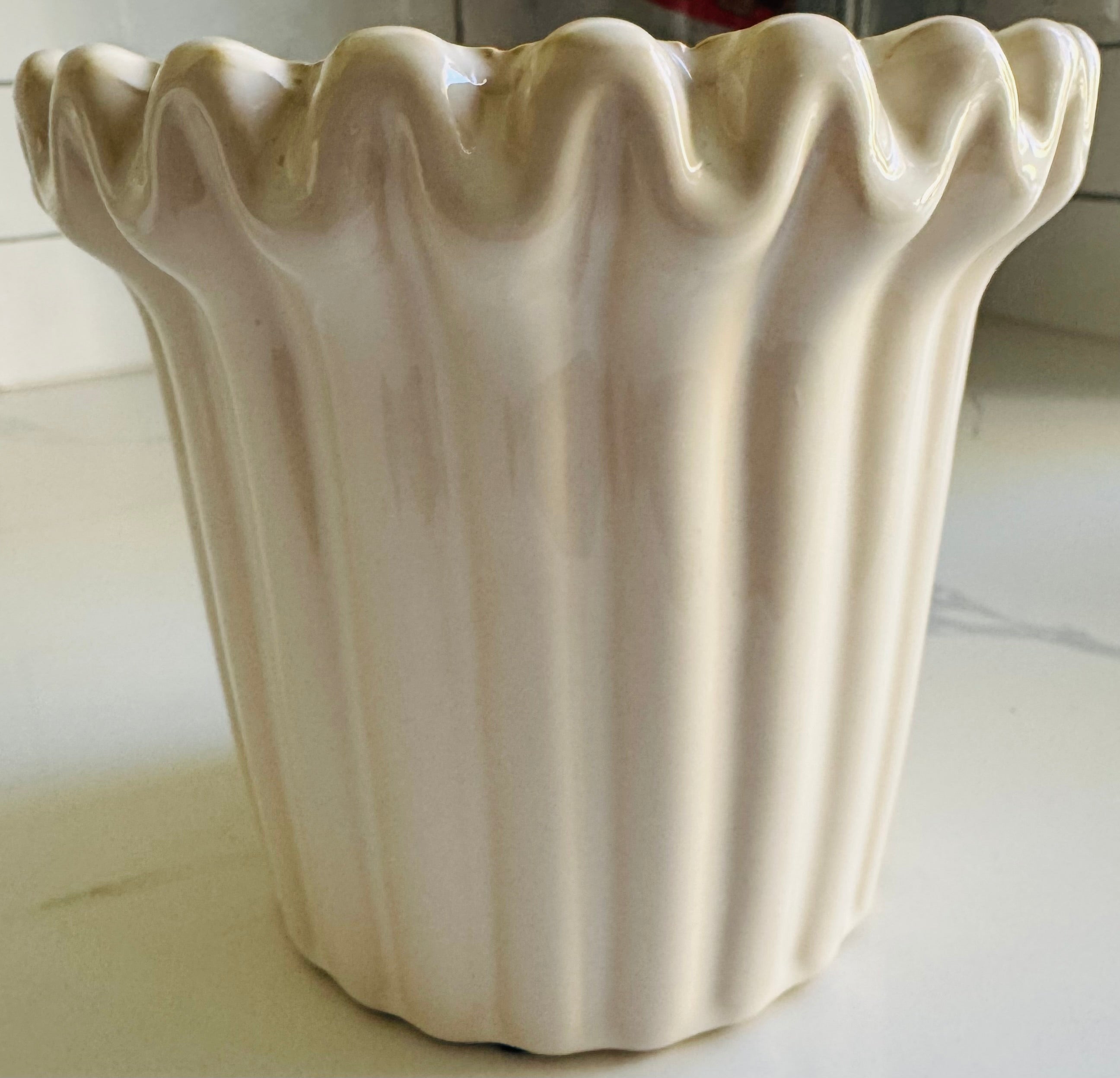 Small Taupe Minimalist Ribbed Ceramic Planter