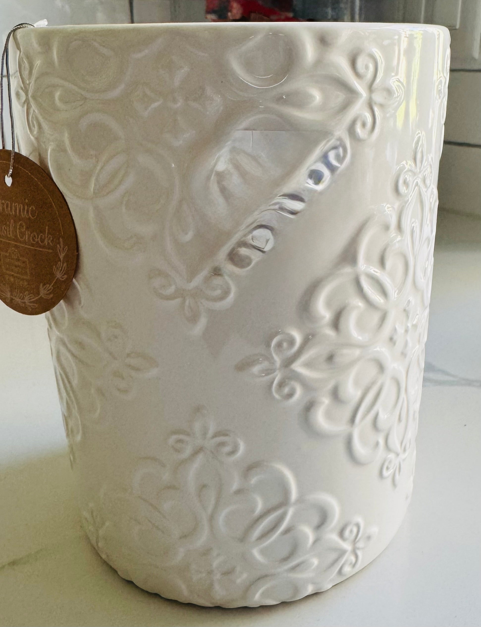Small Ceramic White Embossed Swirl Utensil Holder