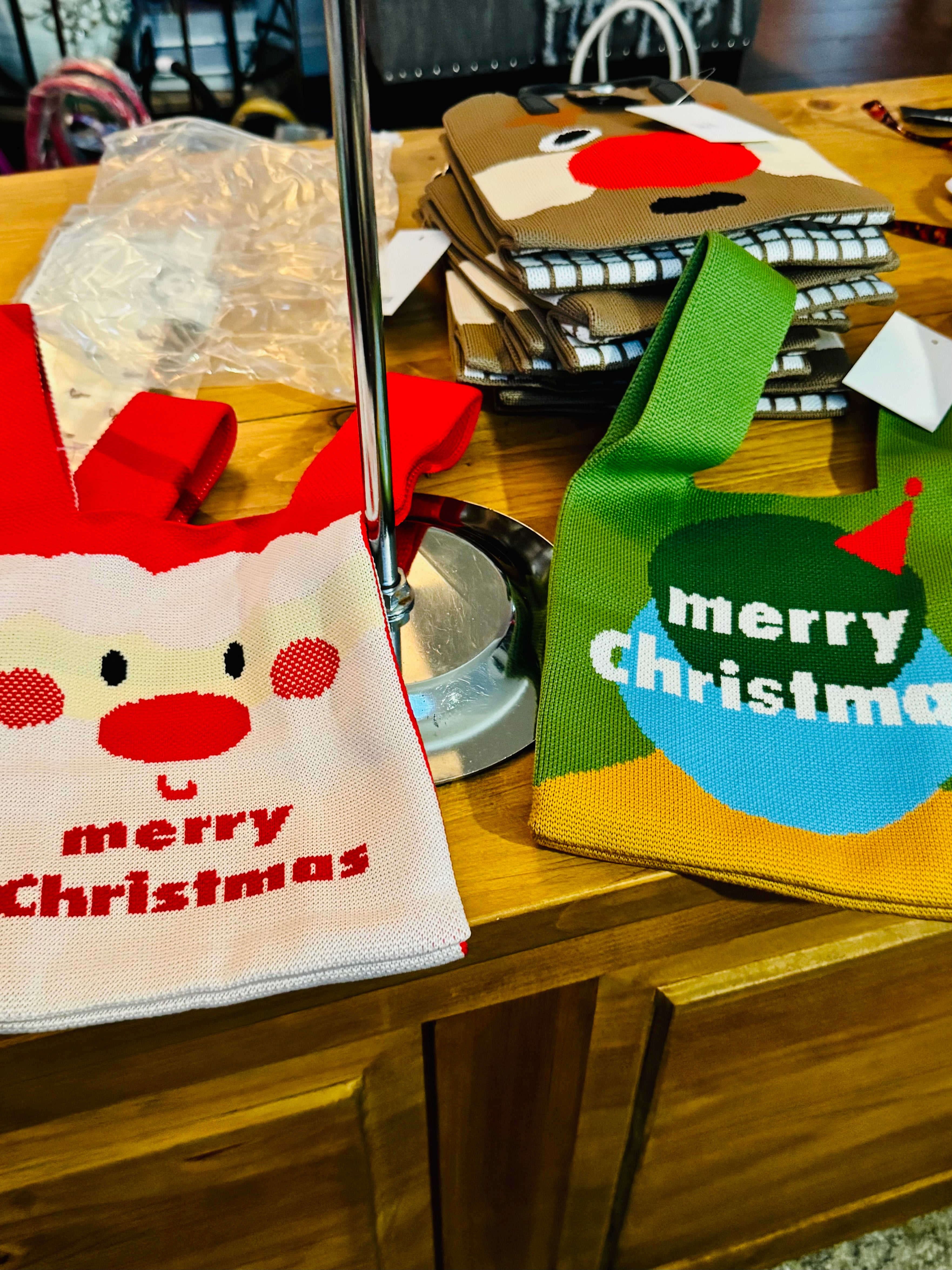 Handbag Small Foldable Tote (Santa & Green Merry Xmas Prints)