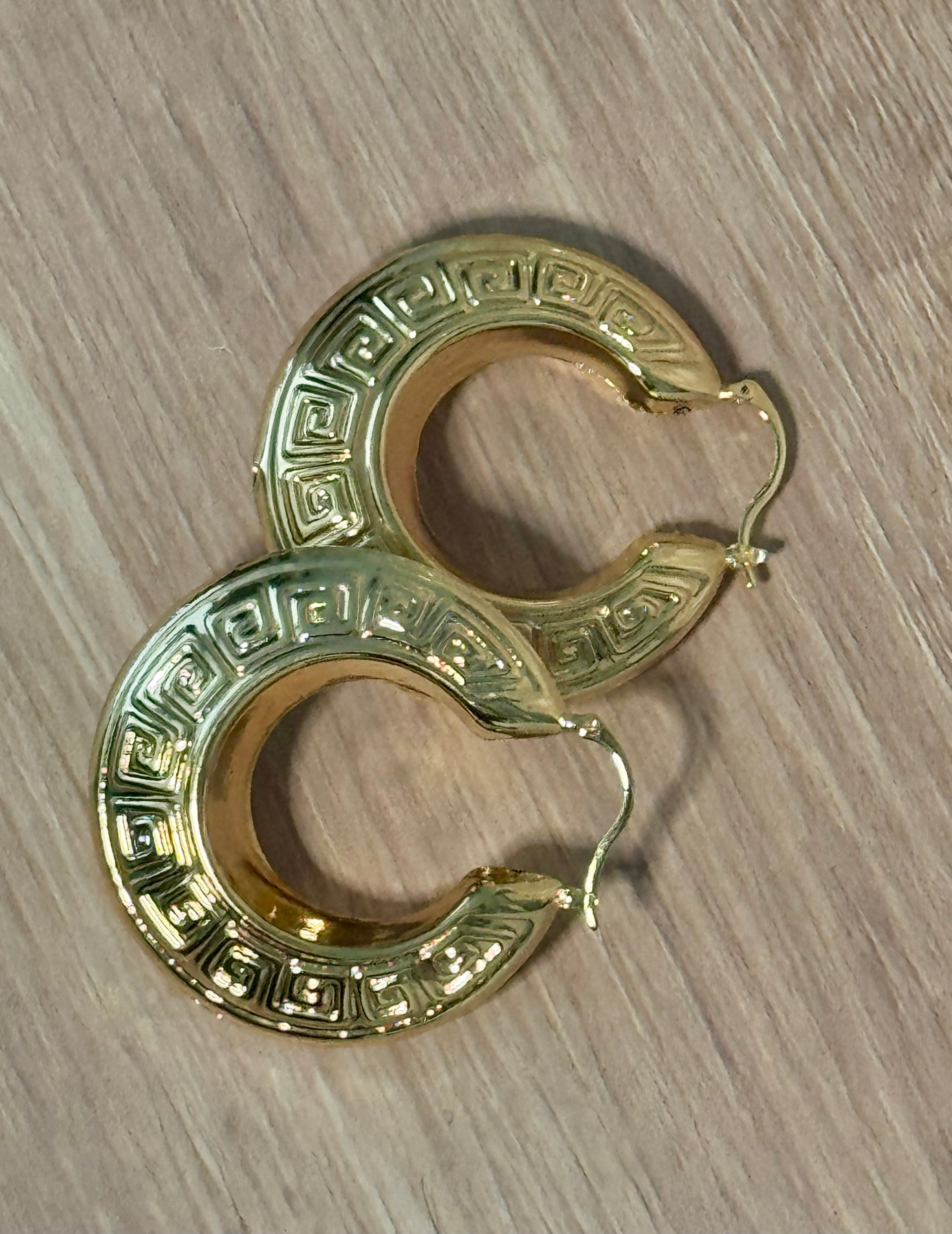 Gold Color Medium Greek Key Hoop Earrings (Pierced)