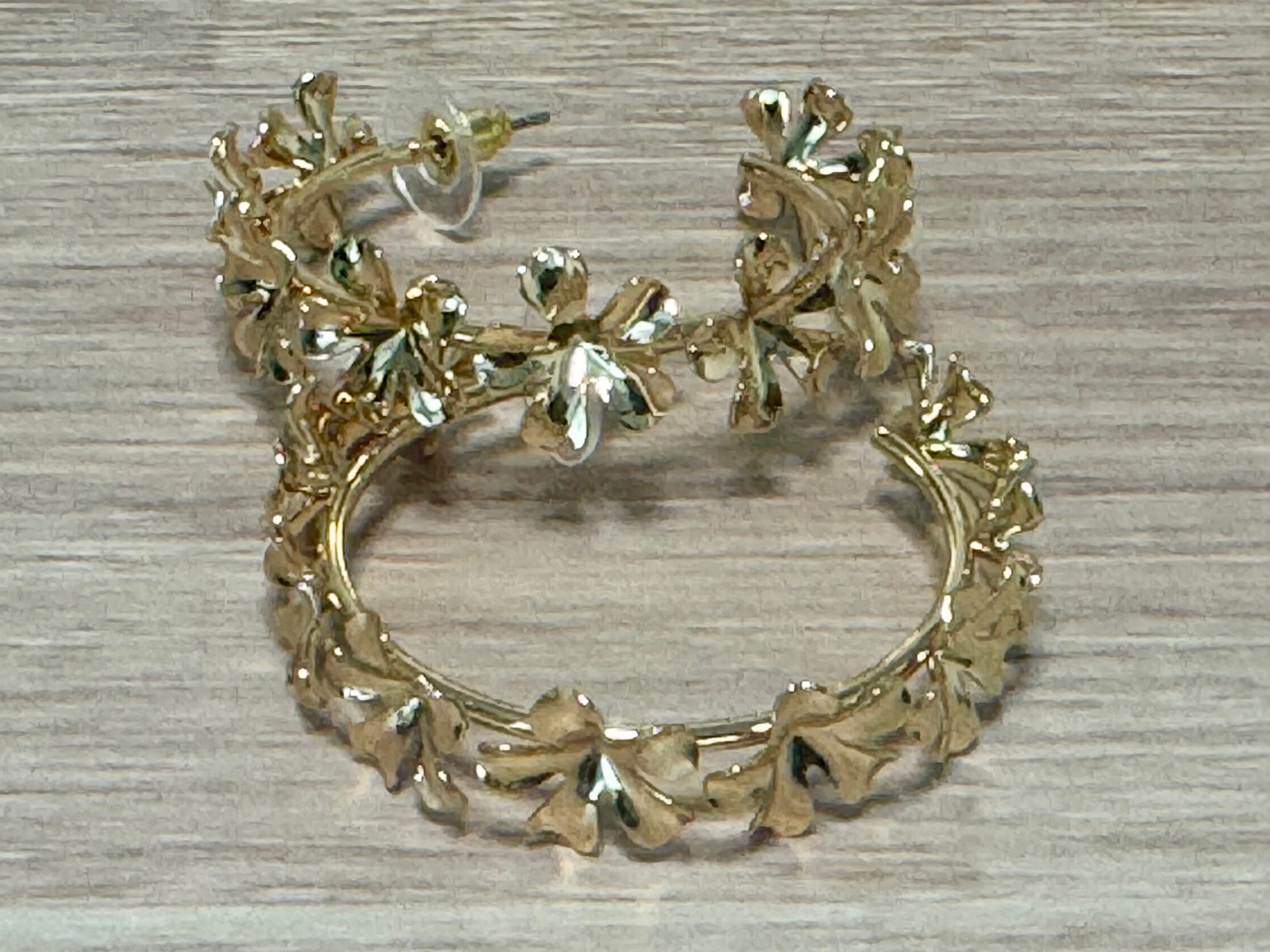 Gold Color Flower Design Hoop Earrings (Pierced)
