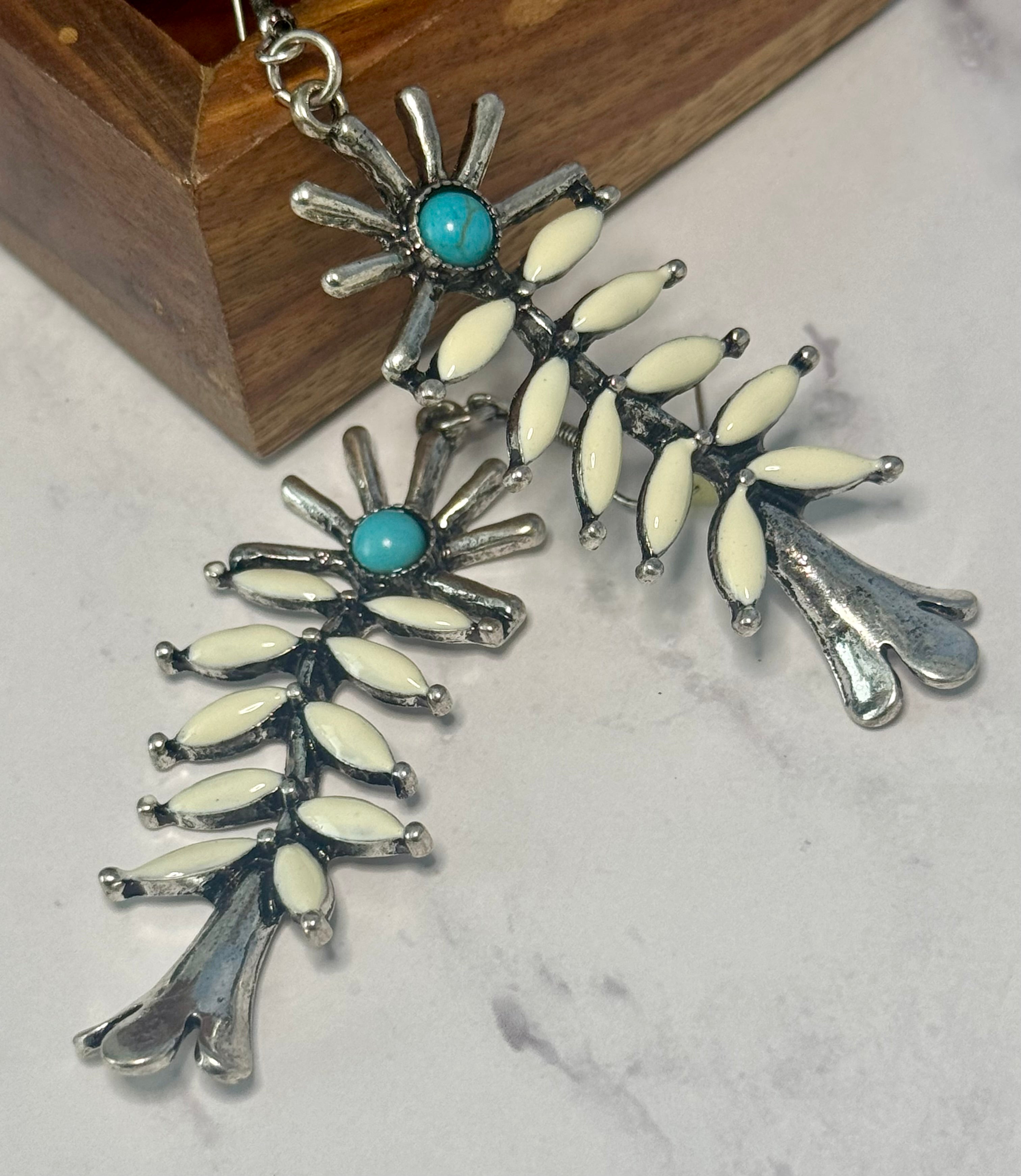 Silver White and Aqual Dangle Tree Like Earrings (Pierced)