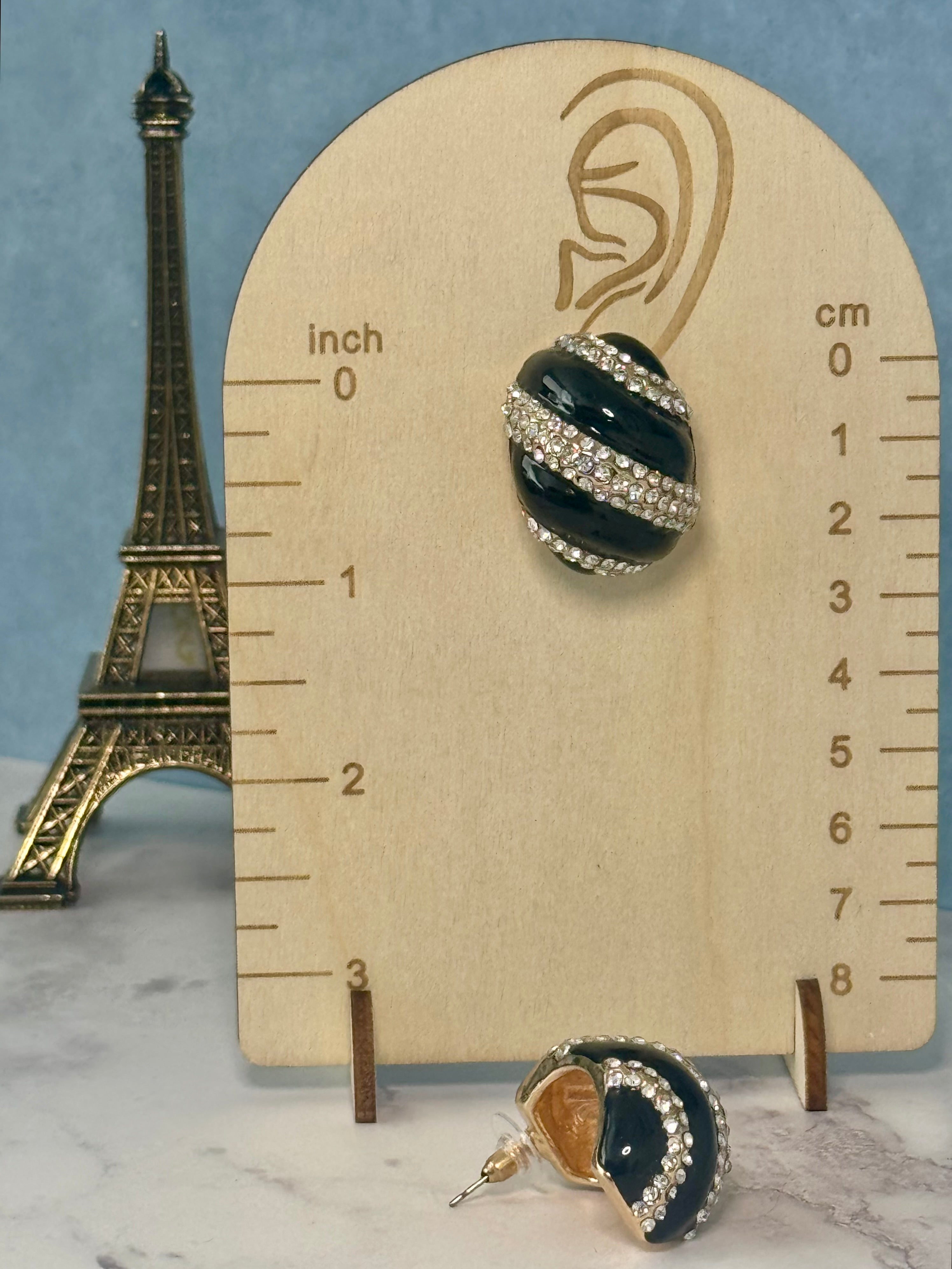Black Enamel with Striped Gold and Jeweled Cloud Hoop Earrings (Pierced)