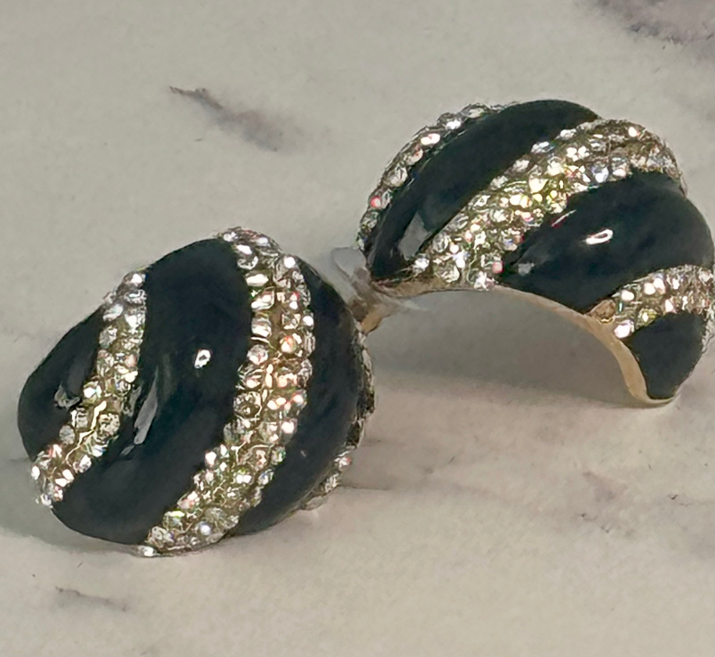 Black Enamel with Striped Gold and Jeweled Cloud Hoop Earrings (Pierced)