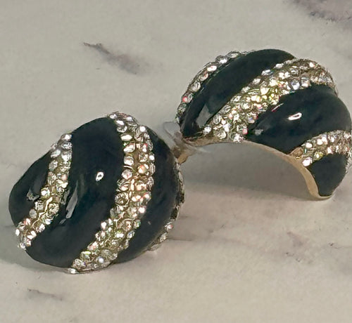 Black Enamel with Striped Gold and Jeweled Cloud Hoop Earrings (Pierced)