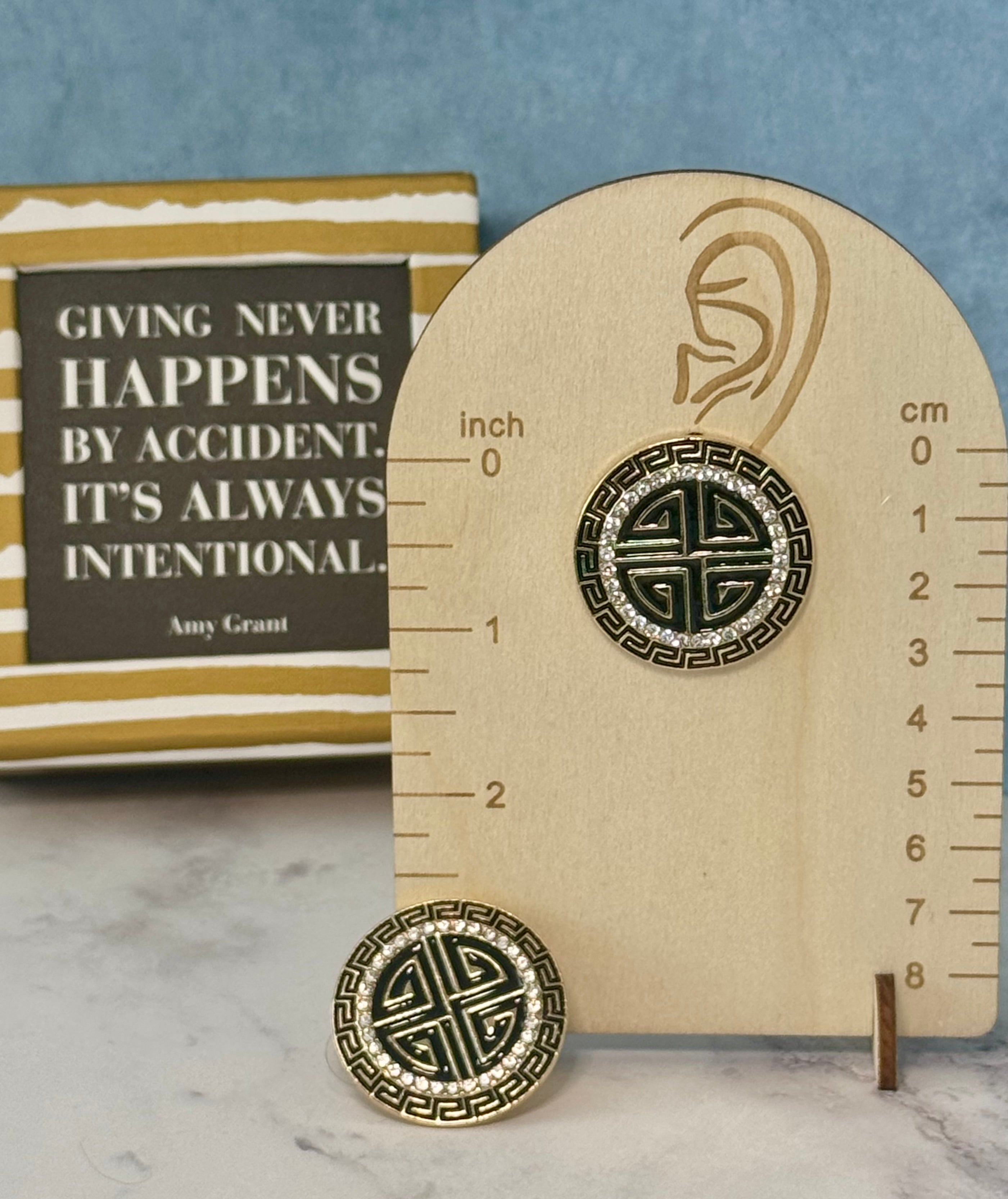 Black, Gold and Jeweled Greek Key Round Earrings (Pierced)