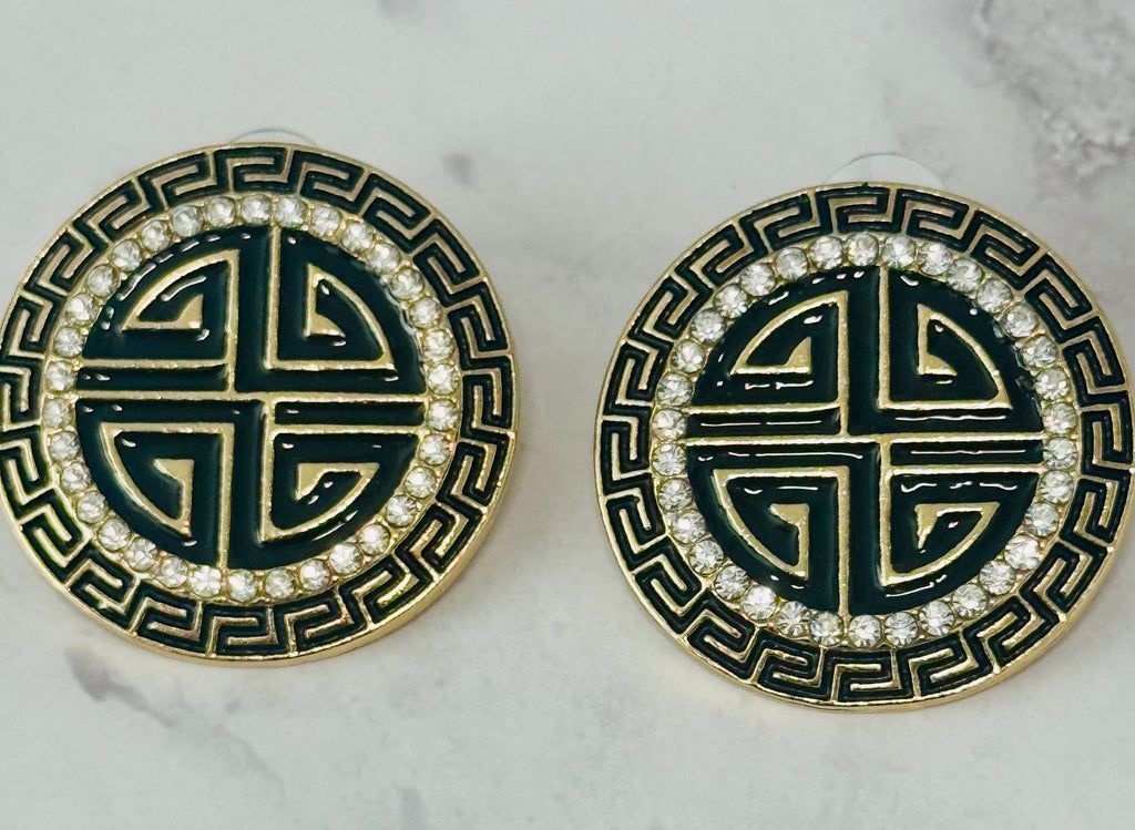Black, Gold and Jeweled Greek Key Round Earrings (Pierced)