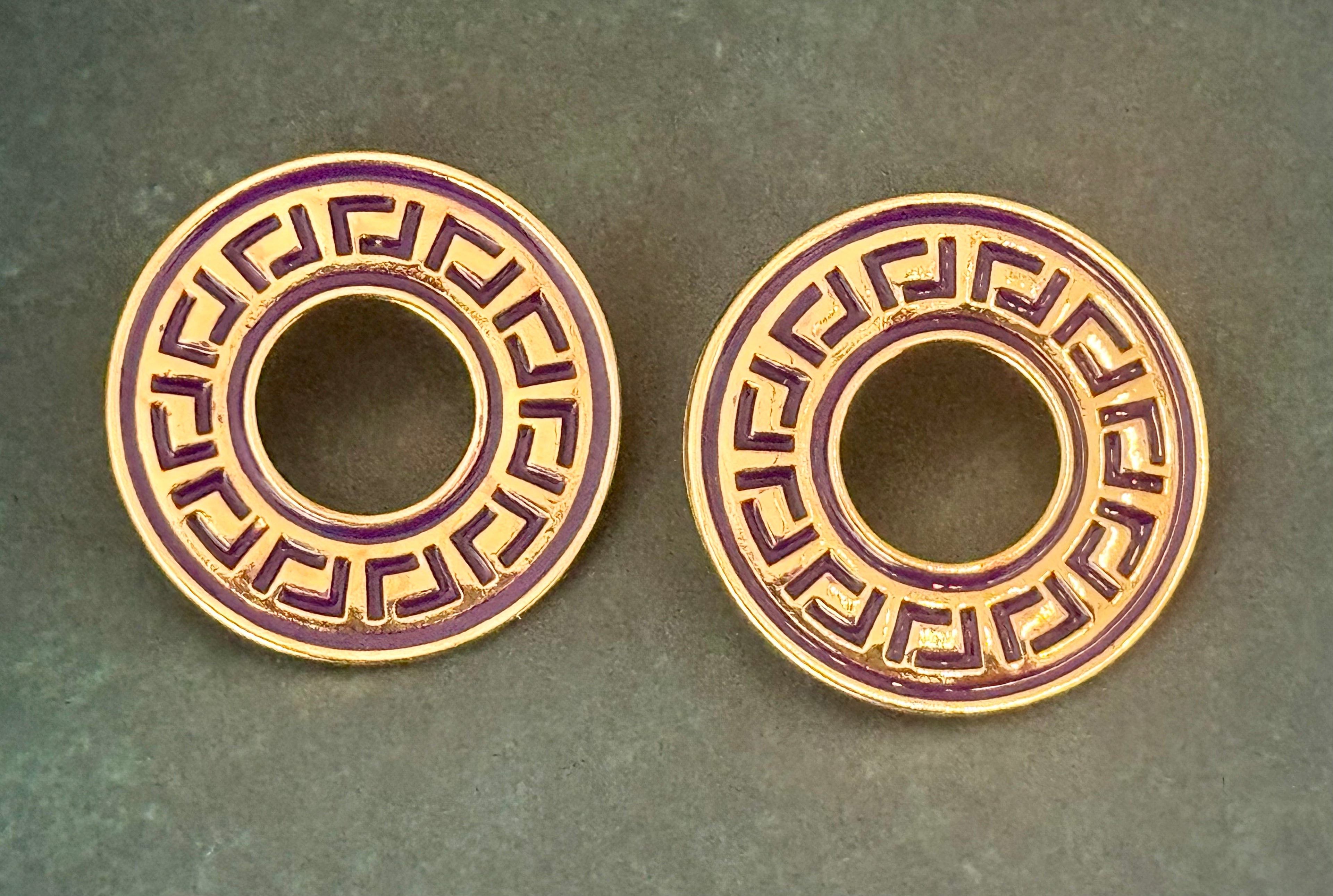 Greek Key Round Earrings - Pierced (Fuchsia, Purple, Green, Orange or Blue)