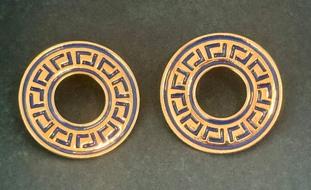 Greek Key Round Earrings - Pierced (Fuchsia, Purple, Green, Orange or Blue)