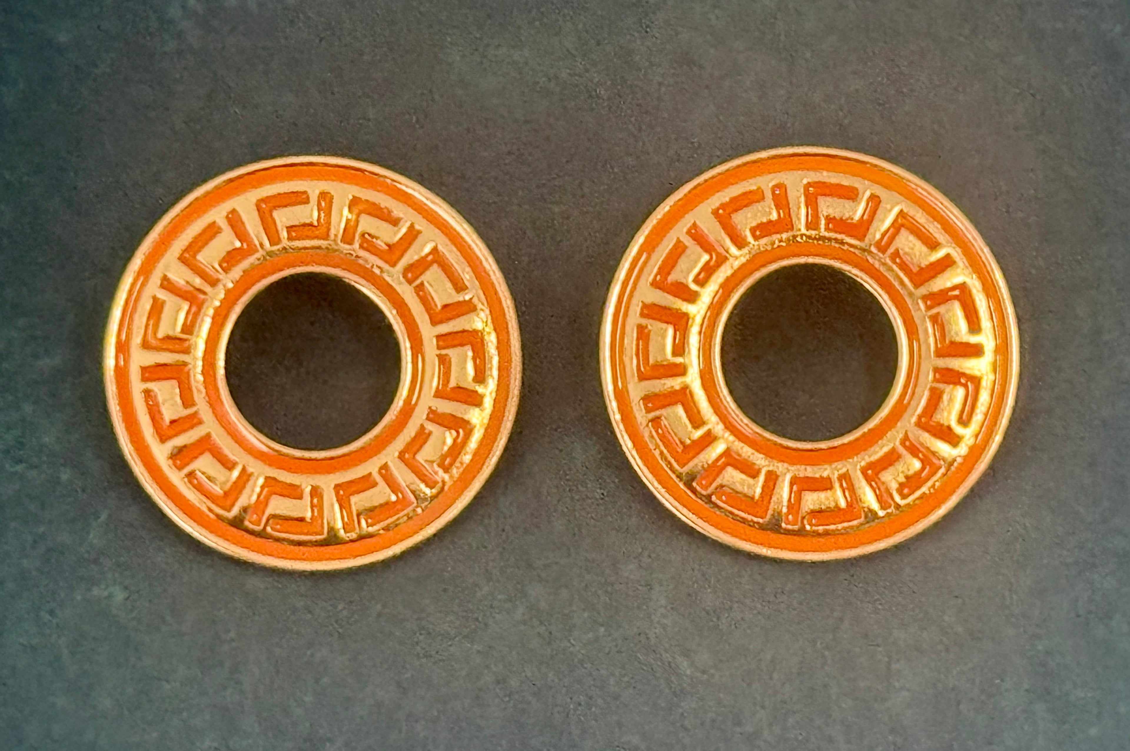 Greek Key Round Earrings - Pierced (Fuchsia, Purple, Green, Orange or Blue)