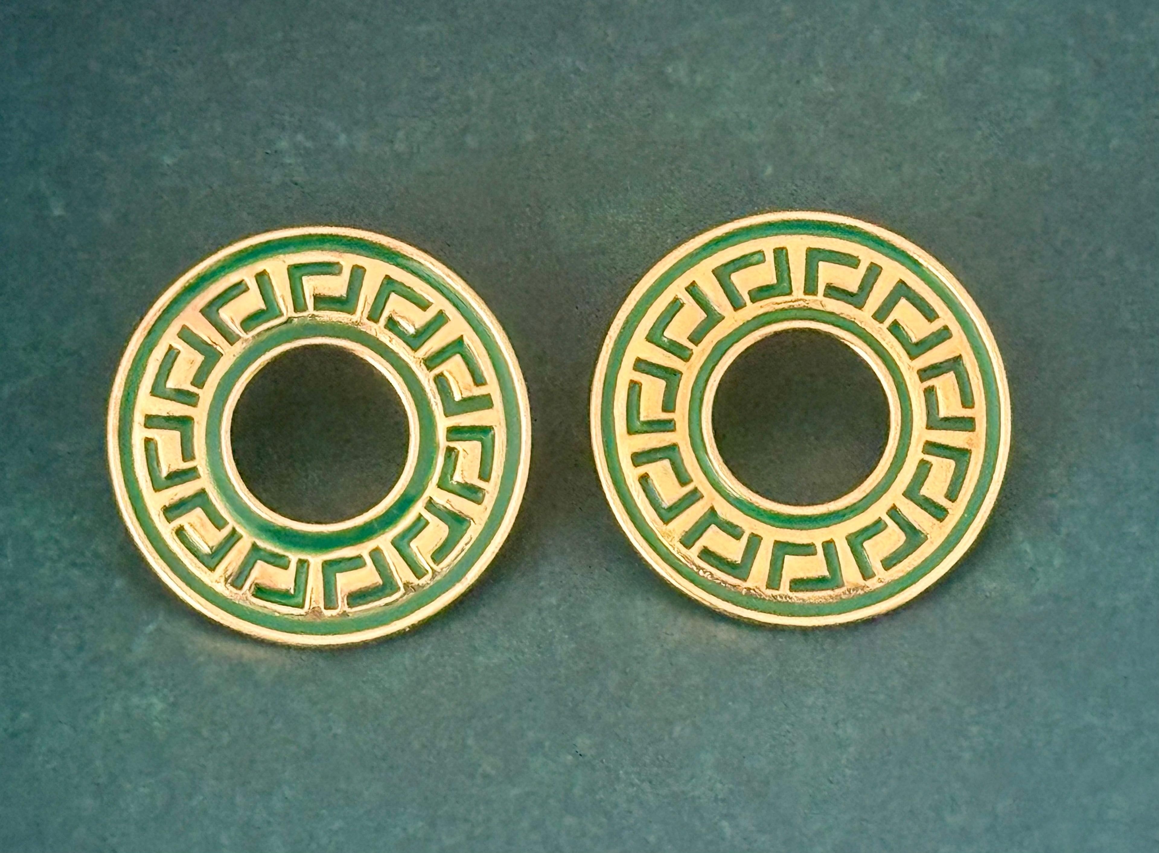 Greek Key Round Earrings - Pierced (Fuchsia, Purple, Green, Orange or Blue)
