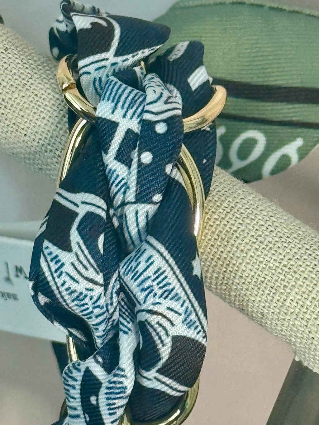 Scarf & Gold Chain Tie Bracelet Blue, White & Green